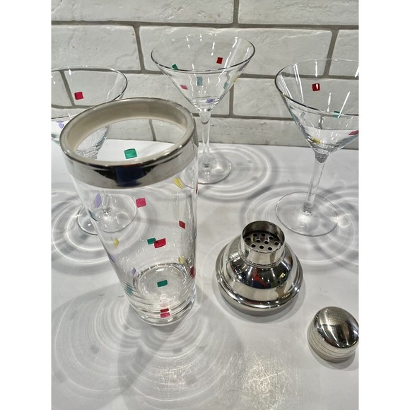 Art Deco Glass Martini glasses Confetti with Matching Shaker Qty 3 - Picture 8 of 12